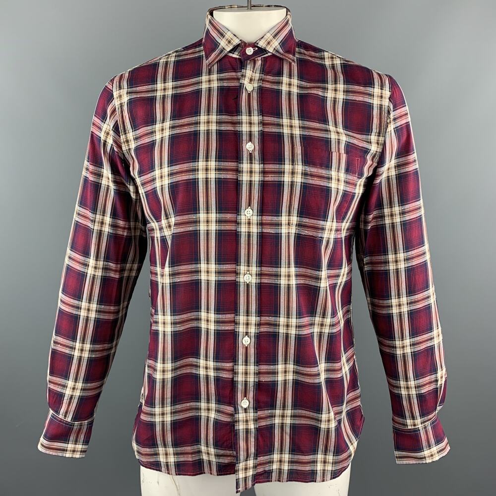 HARTFORD L Burgundy & Brown Plaid Cotton Button Up Long Sleeve Shirt